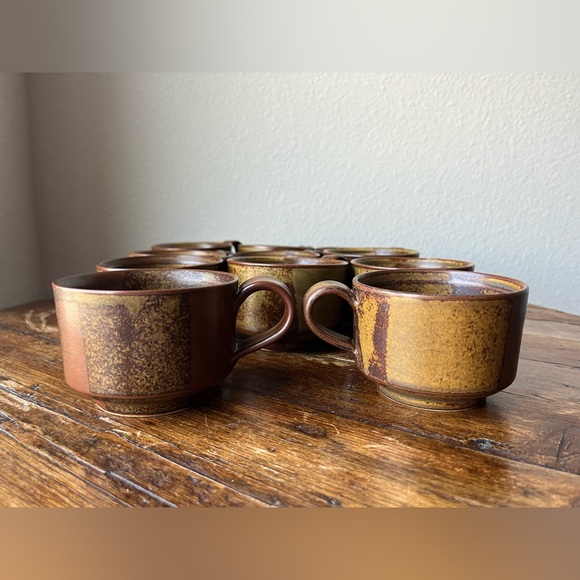 Vintage Iron Mountain Stoneware Roan Mountain Pattern Flat Cup Set of 11 - Picture 6 of 8